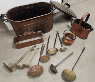 Copper Boiler W/ 17"H X 28"W X 13"D The Atlantic W/ Copper Pitcher 13 1/2"H X 14"W X 5"D, Utensils