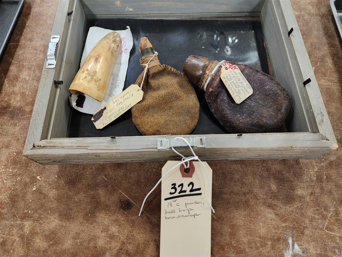 Bxd 18th C Horn Scoop 4 1/2", 18th C Powder Bag 5 1/4" X 3", 18th C Bell Bag (1 of 2)