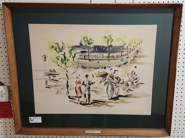 Framed W/C At The Lakeside Sgnd Ali Mid Century French 21" X 27" W/ Frame 29 1/2" X 35 1/2"