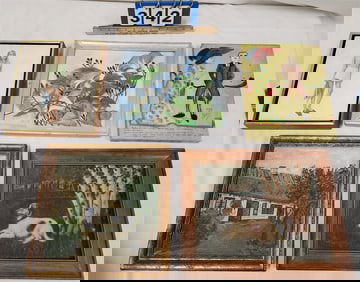 Bx 5 Sm Framed Ptgs, House Sgnd HW '31 10 1/4" X 10 1/4", Landscape W/ Dog 9" X 12", Morning Glories