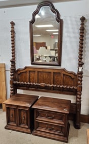 Henredon Oak Poster Bed 7'4"H X 65"W, Queen W/ 2 Drawer Night Stand 23"H X 26 1/2"W X 18"D, 2 Drawer