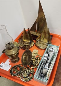Tray Nautical- Bookends, Ship's Oil Lantern, Atlas Stainless Flatware Etc