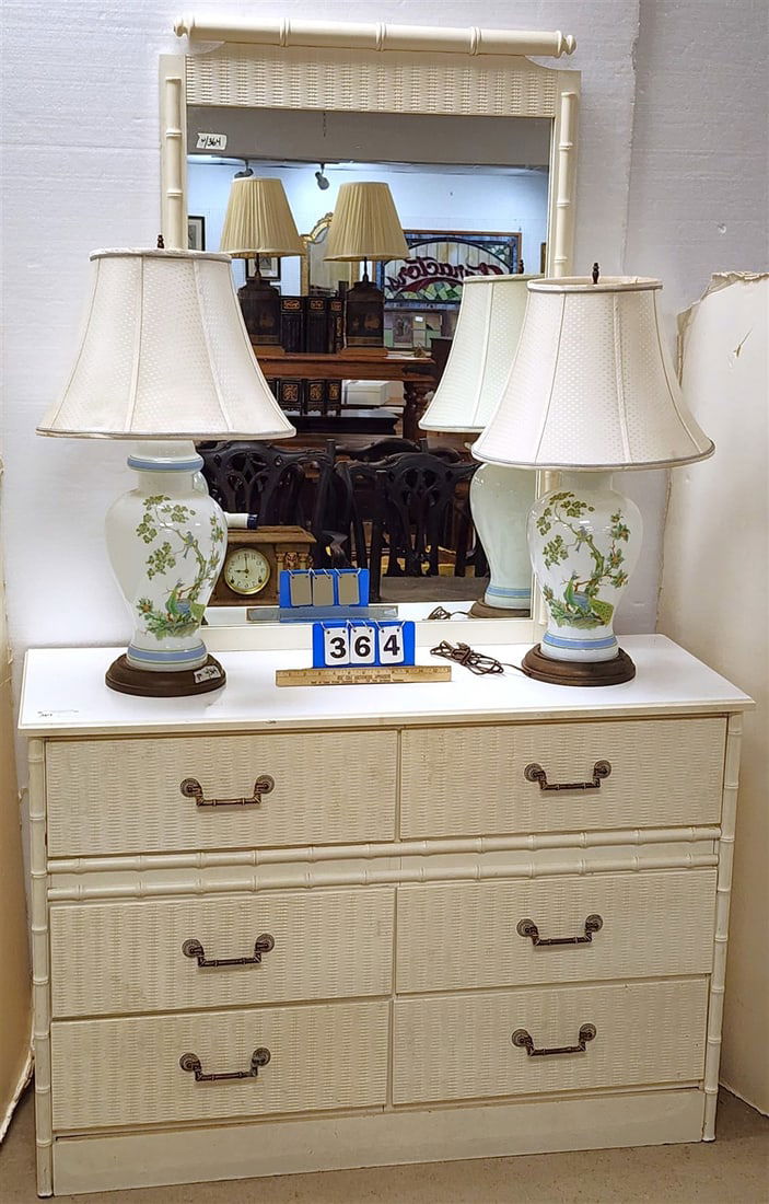 6 Drawer Dresser 31 1/2"H X 4'W X 18"D W/ Mirror 43"X 28 1/2" + 2 Lamps 28": 6 Drawer Dresser 31 1/2"H X 4'W X 18"D W/ Mirror 43"X 28 1/2" + 2 Lamps 28"