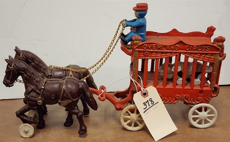 Cast Iron Toy Overland Circus Wagon W/ Polar Bear 9 1/2"H X 16"L X 3 1/2"W