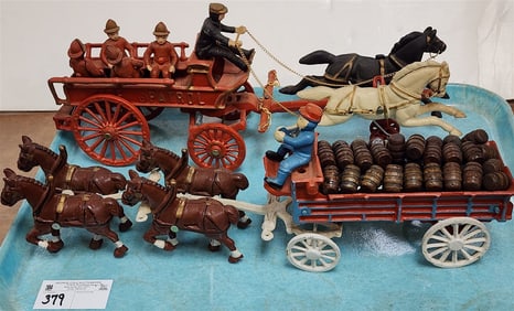 Tray Cast Iron Toy Horse Drawn Wagon W/ Barrels 6 1/2"H X 19"L X 4"W + Fire Patrol Wagon 7 3/4"H X