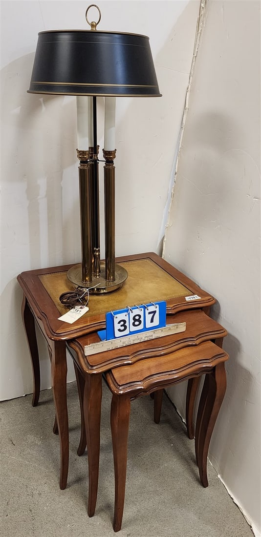 Nest 3 Cherry Tables 24"H X 22"W X17 1/2"D + Brass Lamp 31" (1 of 5)