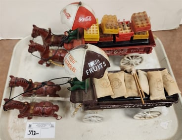 Tray Cast Iron Toy Horse Drawn Wagons- Coca Cola 8"H X 12 1/2"W X 3 3/4"D + Trick Dog 8"H X 8 1/2"W