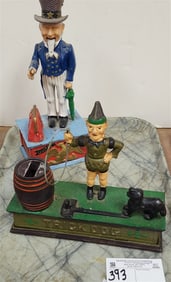 Tray 2 Cast Iron Mechanical Banks Uncle Sam 11"H X 4 3/4"W X 3 3/4"D + Trick Dog 8"H X 8 1/2"W X 3"D