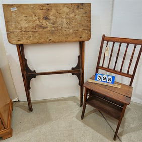 19th C Folding Table 28"H X 33"W X 29"D + Step Ladder Chair