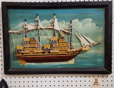 Framed Folk Art Wooden Ship 15 3/4" X 23  3/4"