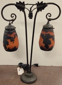 Wrought Base Lamp W/ Art Glass Acid Etched Shades