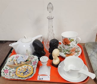 Tray Misc Cut Glass Decanter English Rose Roy Kirkham Cups/Saucers, African Carved Ebony Busts Etc