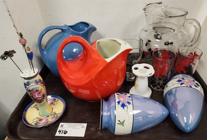 Tray Mid Century Hall's Pitchers, Scotty Motif Pitcher + Glasses, Japan Buster Wall Pockets Etc