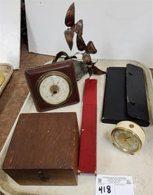 Tray Vintage Compass 3 1/2"H X 4 3/4"Sq, Artco Alarm Clock, Airguide Barometer