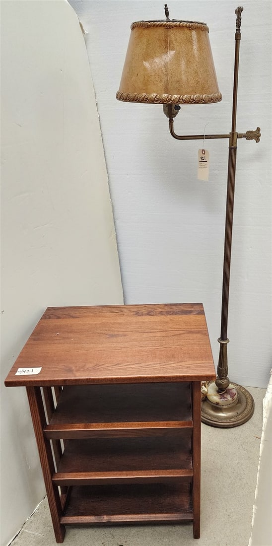 Mission Style Oak 3 Tier Stand 24"H X 19"w x 14"D W/ Floor Lamp W/ Mica Shade (1 of 3)