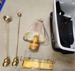 Tub Brass Hanging Lantern 21", Pr Brass Ceiling Lights 29" + Brass Shelf 6"H X 18"W X 6"D