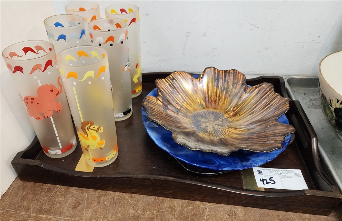 Mahog + Brass Tray W/ Mid Century Circus Glasses Etc: Mahog + Brass Tray W/ Mid Century Circus Glasses Etc