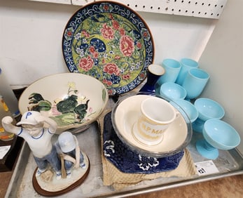 Tray Chinese Bowl + Charger, 4 Johnson Bros Met Museum Plates, 7 Pc Portieux Valleryshal Blue