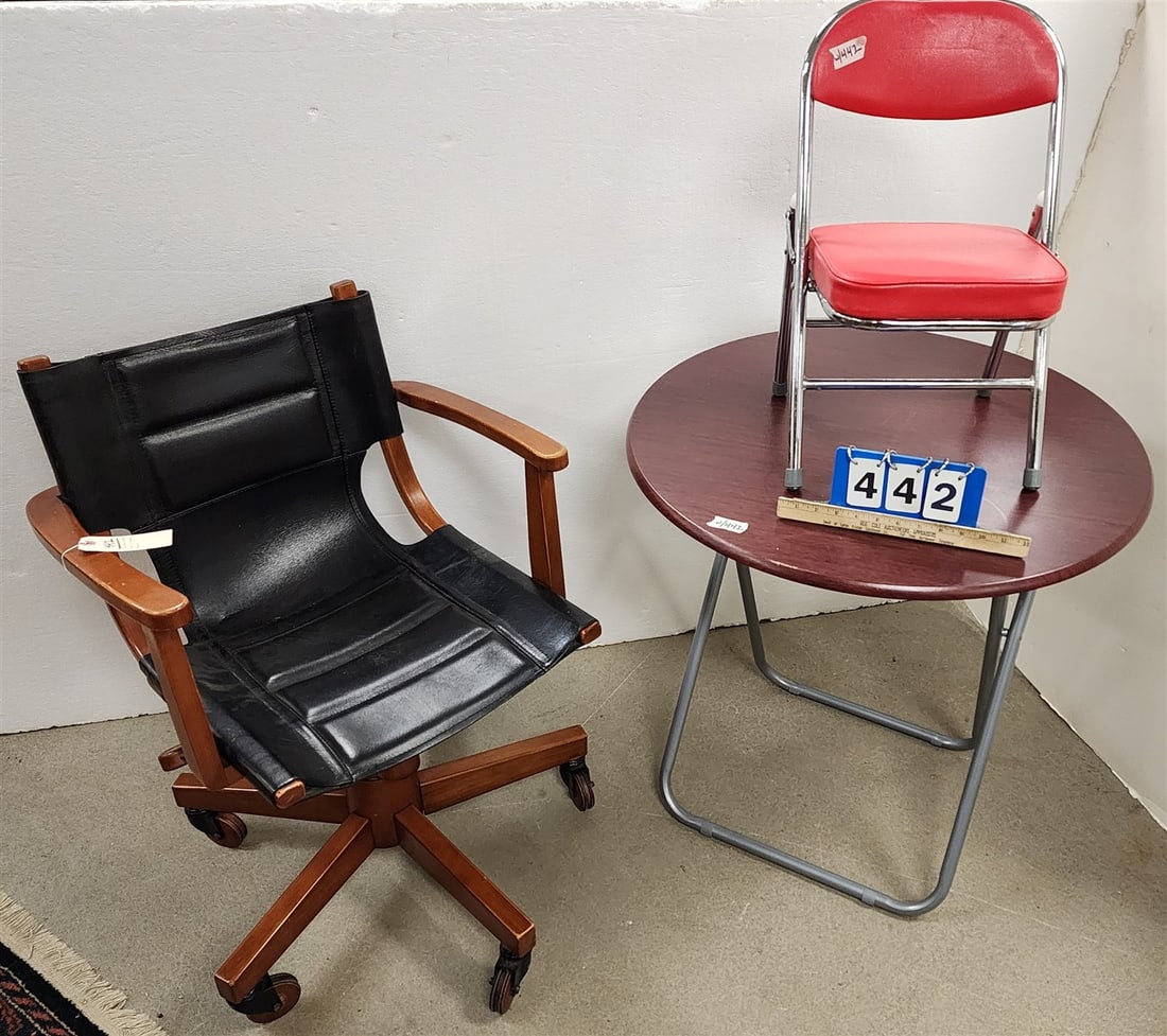 Leather Uphols Desk Chair + Folding Table 28"H X 29" Diam (1 of 3)