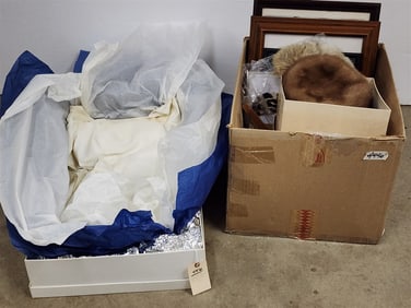 Bxd Vintage Wedding Dress + Bx Fur Hats, Silk Scarves, Asian Framed Items Etc