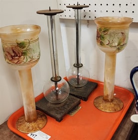 Tray Candle Sticks Pr Wrought + Glass 15 + Pr Hand Enameled Glass 13 1/2"