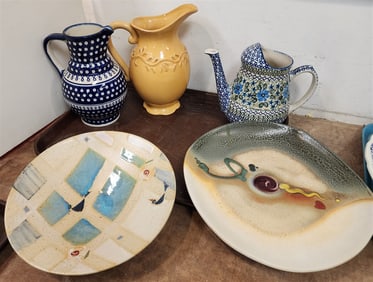 Tray Loren Lukens Pottery Charger, Pottery Bowl, 3 Pitchers