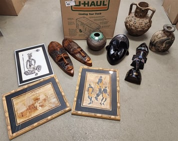 Bx Wooden Masks 14 1/2" X 8", 17" X 5 1/2", 16" X 5", 18 1/2" X 4 1/2", Framed African Art + Pottery