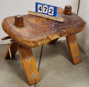 Inlaid Leather Uphols Camel Saddle Stool 19"H X 27"W X 16"D