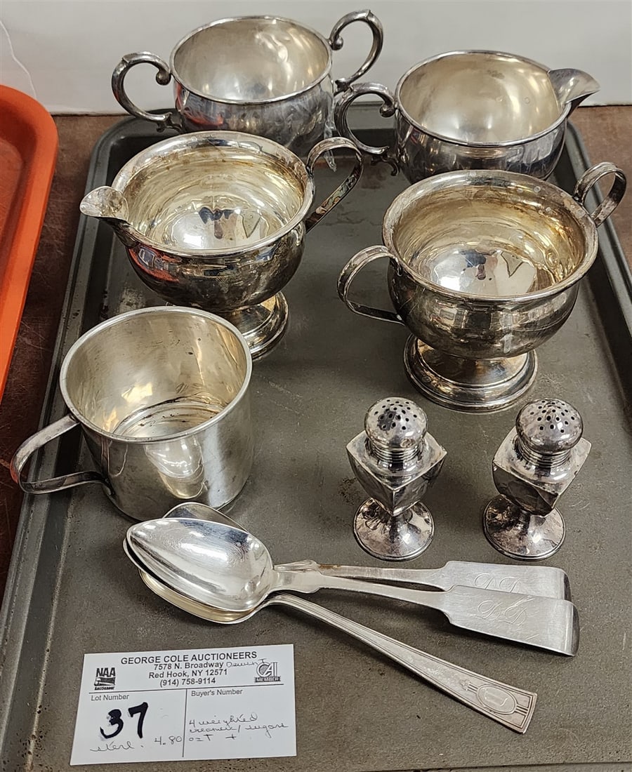 Tray Sterling - Flatware, Salt/Pep + Cup 4.80 ozt + 2 pr. Weighted Creamers/Sugars (1 of 6)