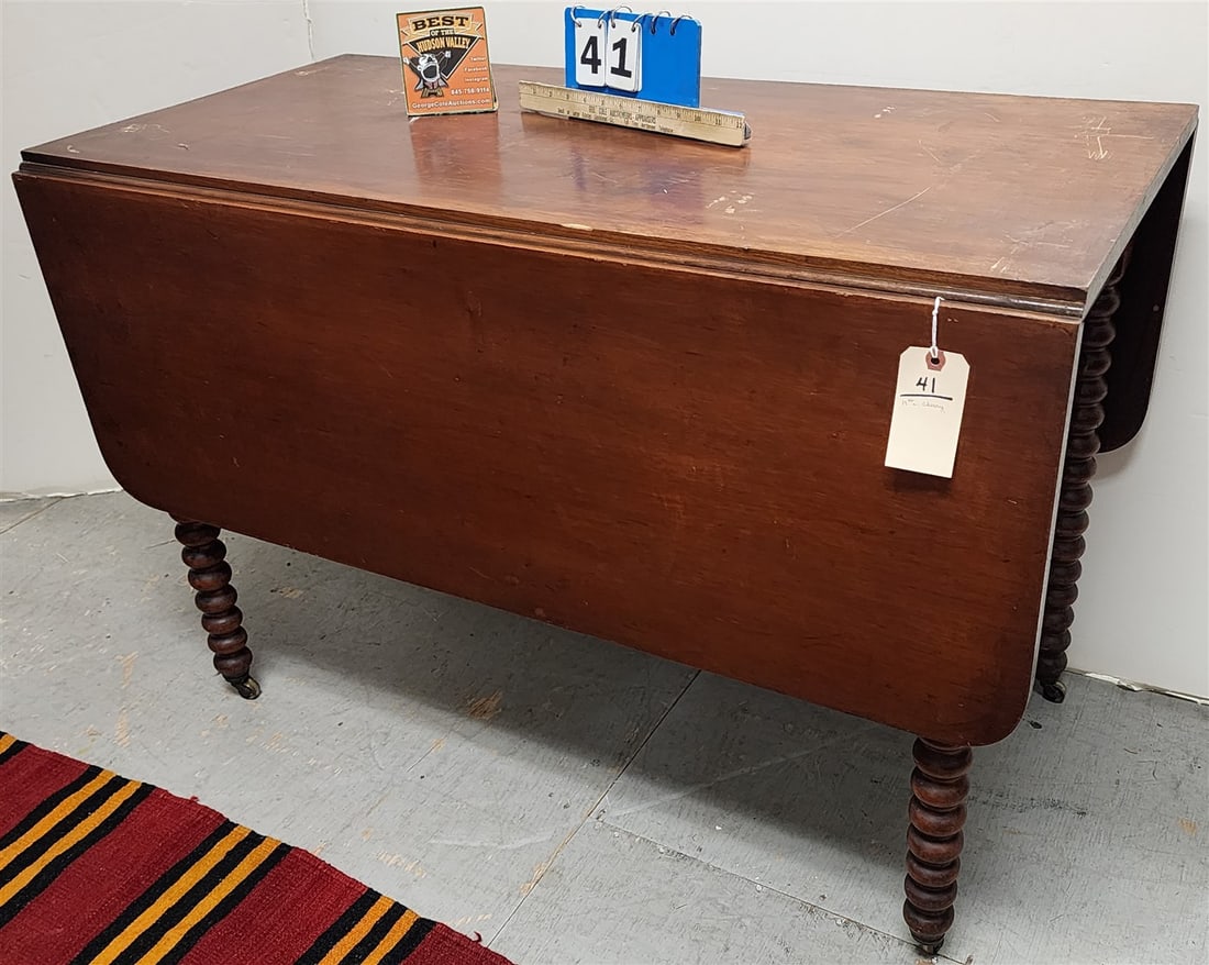 19th Cherry Sausage Turned Leg Drop Leaf Table 29" H X 21 1/2" D X 42" W (1 of 4)