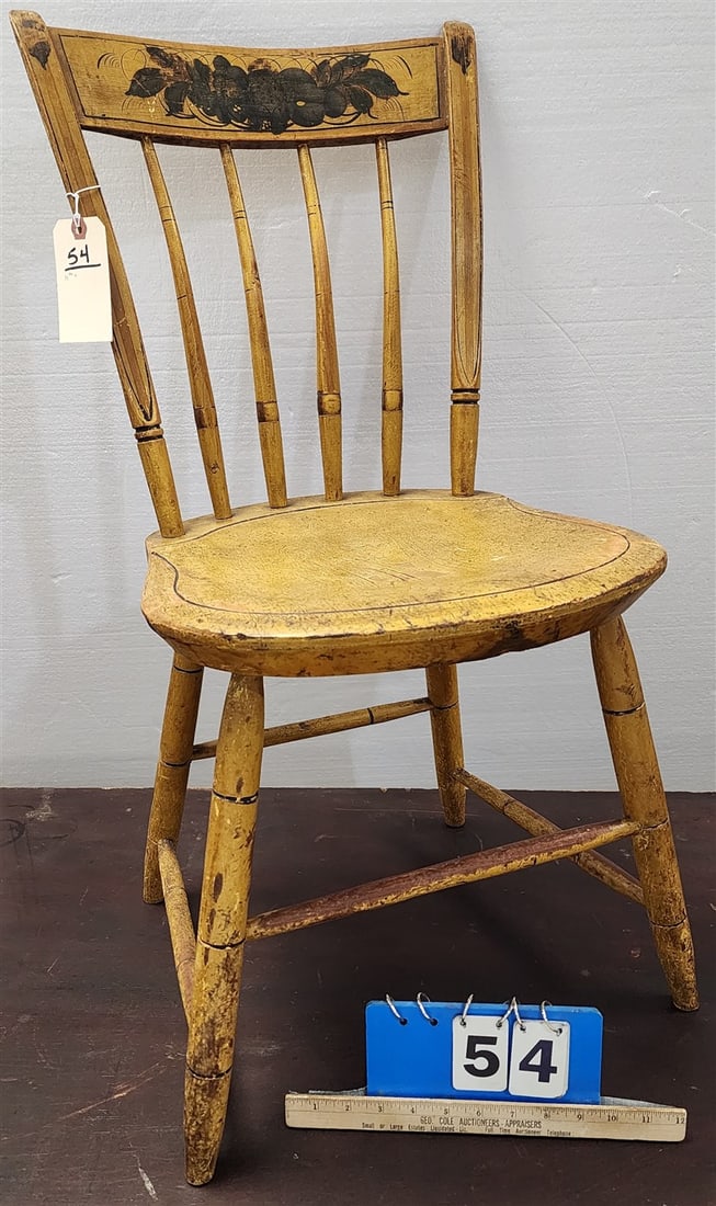 19th C Ptd. + Stenciled Plank Seat Chair 32 1/2" H X 16" W X 14" D: 19th C Ptd. + Stenciled Plank Seat Chair 32 1/2" H X 16" W X 14" D