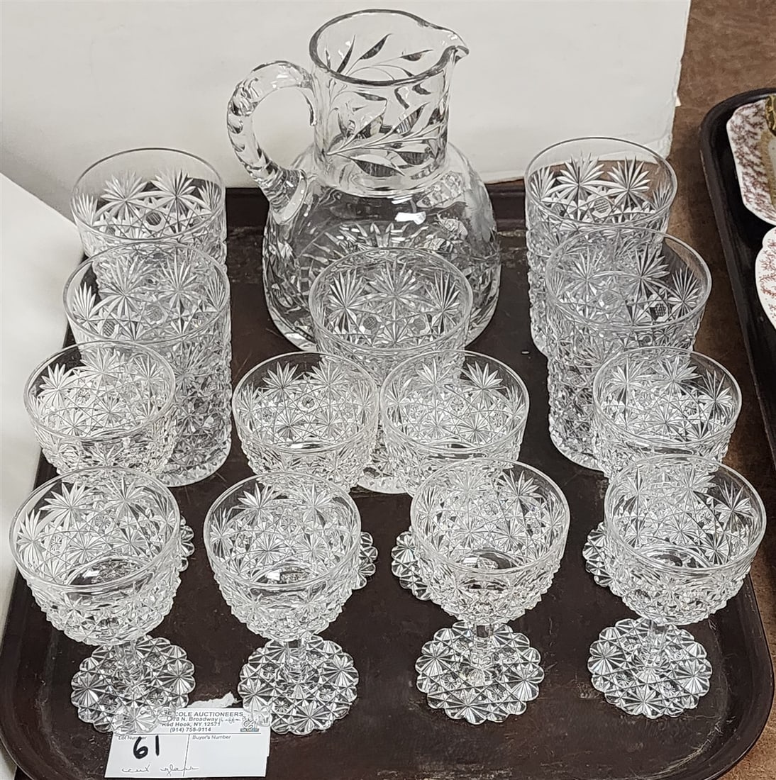Tray Cut Glass 8 Pc.  Stemware 4 1/2" H X 2 3/4" D, 5 Tumblers 4 1/4" H X 3 1/4" D + Pitcher 7" H X (1 of 3)