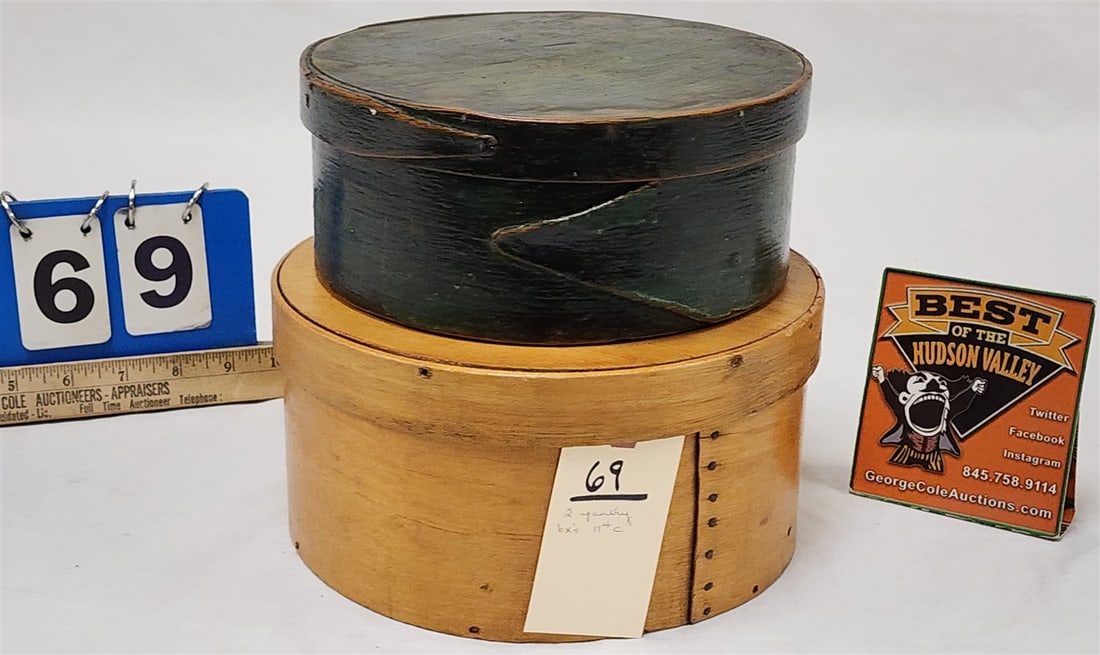 Lot 2 Vintage Pantry Bxs. 4 1/2" H X 9" Diam. + 3 1/2" H X 8" Diam.: Lot 2 Vintage Pantry Bxs. 4 1/2" H X 9" Diam. + 3 1/2" H X 8" Diam.