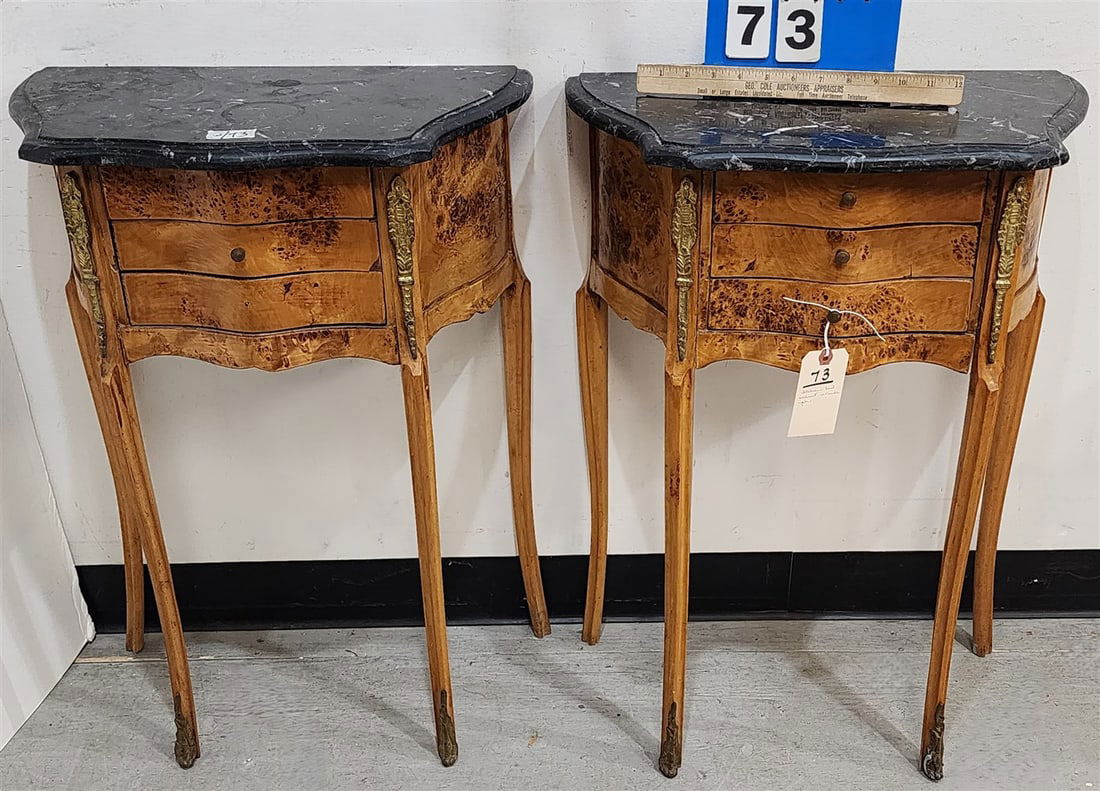 Pr. Italian Burl Walnut 3 Drawer Marble Top Stands 28 1/2" H X 20 1/2" W X 11" D (1 of 3)