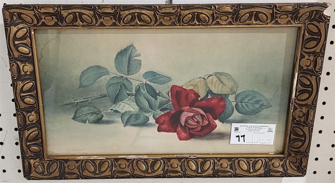 Framed W/C Rose Sgnd E.F. Copeland 1909 9" X 16" w/ Frame 11 1/2" X 18 1/2" (1 of 2)