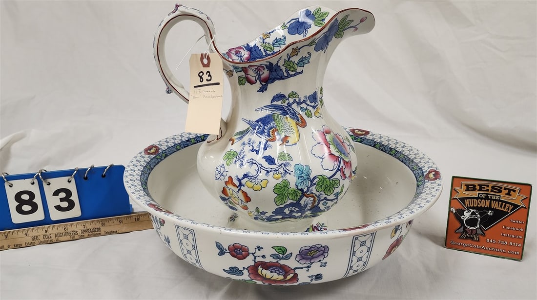 19th C Mason's Ironstone "Bow" Transferware Pitcher + Bowl (1 of 4)