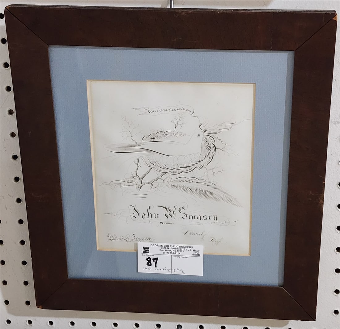 Frame 19th C Caligraphic Drawing There Is No Place Like Home By John W. Swasey, Northfield Feb. 1881 (1 of 3)