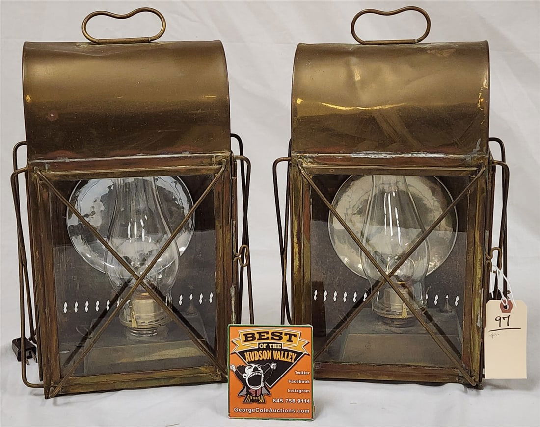 Pr. Brass Vintage Oil Lamp Lanterns - Elec. 16" H X 10 1/2" W X 7" D: Pr. Brass Vintage Oil Lamp Lanterns - Elec. 16" H X 10 1/2" W X 7" D