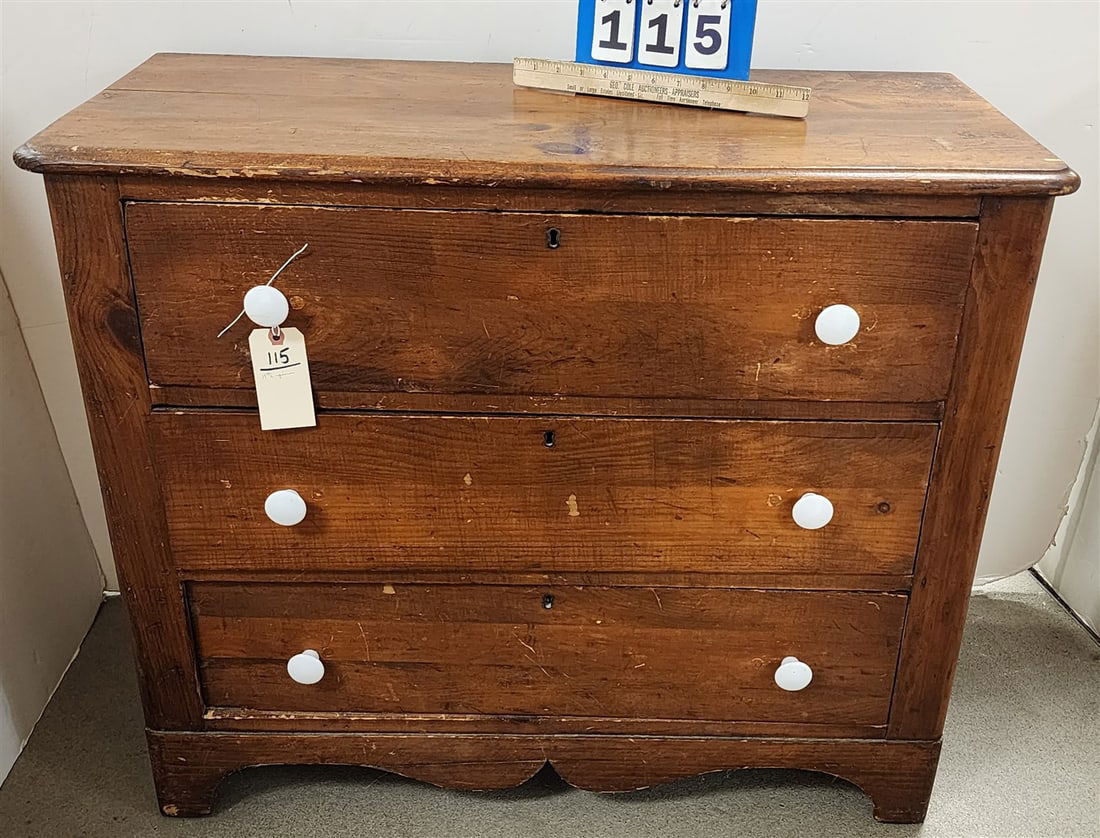 19th C Pine 3 Drawer Chest 30" H X 3' W X 15 1/2" D (1 of 2)