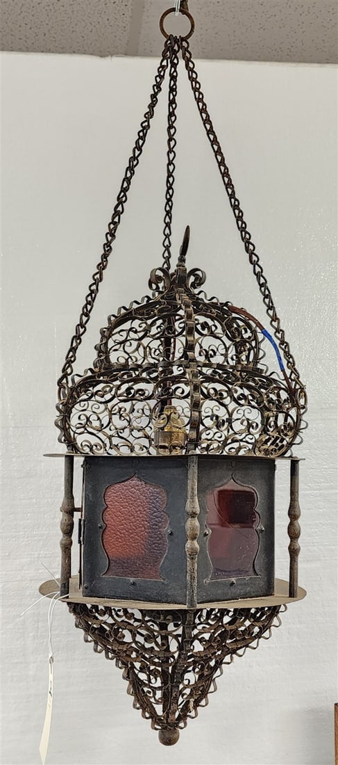 Wrought Mid East Lantern 32" H X 11" Diam.: Wrought Mid East Lantern 32" H X 11" Diam.