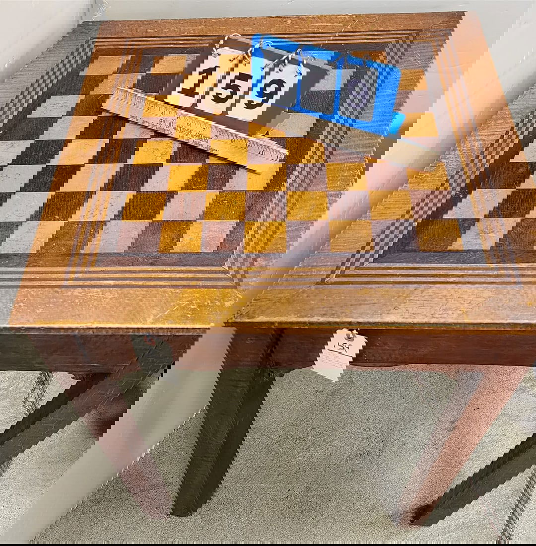 19th C Tiger Maple 1 Drawer Game Stand w/Rosewood + Maple Inlaid Checkerboard Top + Bag of Figural (1 of 5)