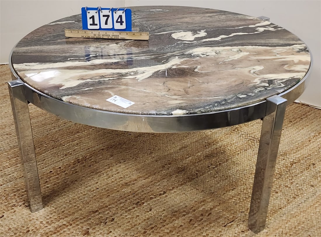 Vintage Chrome Frame Marble Top Table 18 1/2" H X 42 1/2" Diam. (1 of 5)