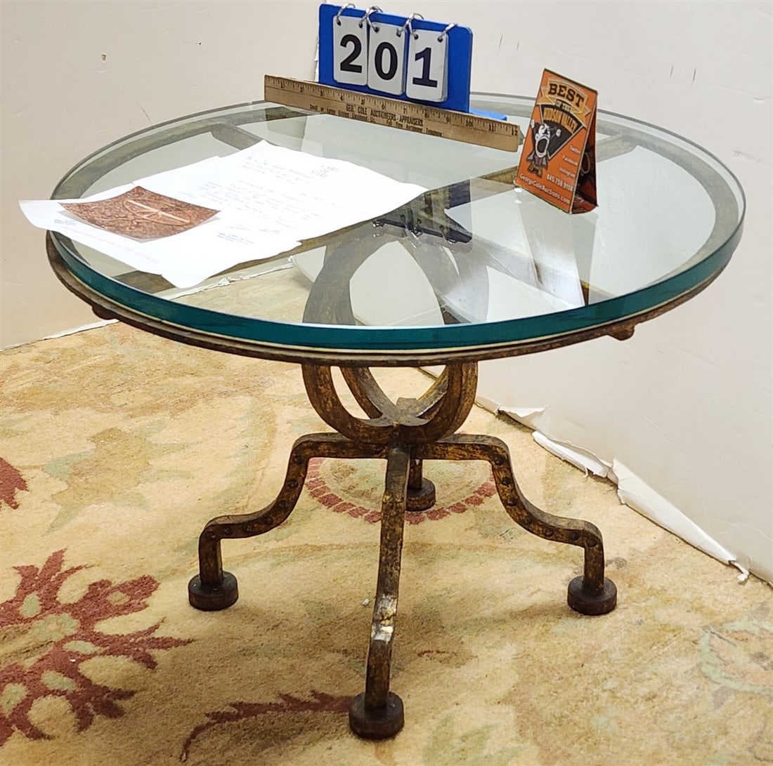 Wrought Base Glass Top 30's Fr. Table In The Style pf Poillerat 17 1/2" H X 24" Diam.: Wrought Base Glass Top 30's Fr. Table In The Style pf Poillerat 17 1/2" H X 24" Diam.
