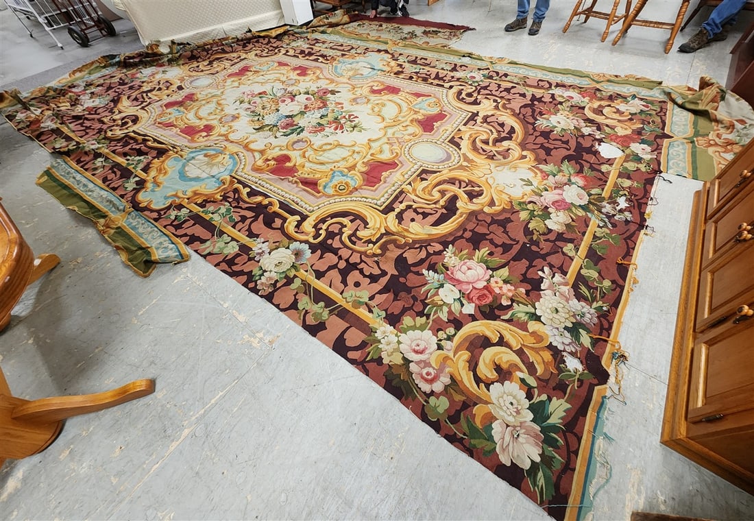 Vintage Aubusson Rug Distressed Approx. 14' X 18': Vintage Aubusson Rug Distressed Approx. 14' X 18'