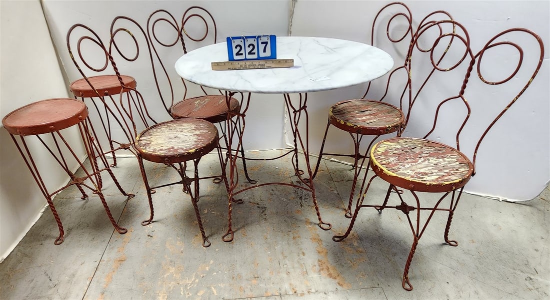 Marble Top 3' Diam. Ice Cream Parlor Wrought Base Table w/4 Chairs +  2 Stools (1 of 3)