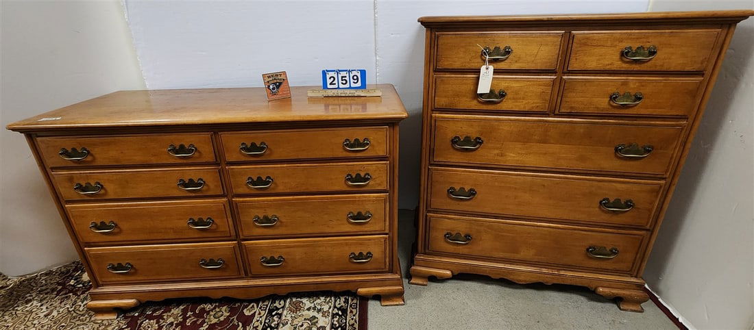 Maple Kling 8 Drawer Dressers 34" H X 52" W X 20 1/2" D  + 46" H X 38" W X 20 1/2" D (1 of 3)