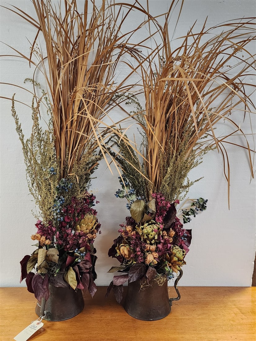 Pr. 19th C Copper Tankards 6 3/4" H X 7 1/2" Diam. w/Dried Flower Arrangements (1 of 5)