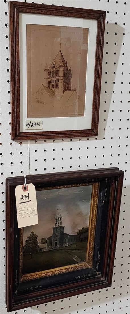 Lot 2 Framed Items - 19th C O/C Landscape w/Church 10" X 8" w/Frame 14" X 12" + Etching Boston's (1 of 4)
