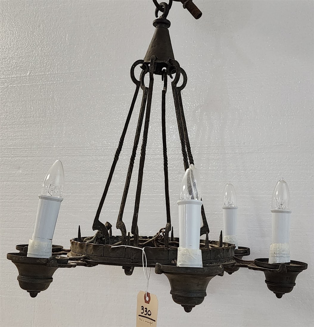 Wrought 1920's 6 Light Chandelier 23" H X 21" Diam.: Wrought 1920's 6 Light Chandelier 23" H X 21" Diam.