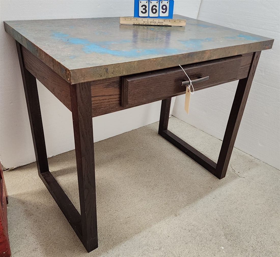 Oak 1 Drawer Copper Clad Top Desk 30 1/2" H X 3' W X 2' D: Oak 1 Drawer Copper Clad Top Desk 30 1/2" H X 3' W X 2' D